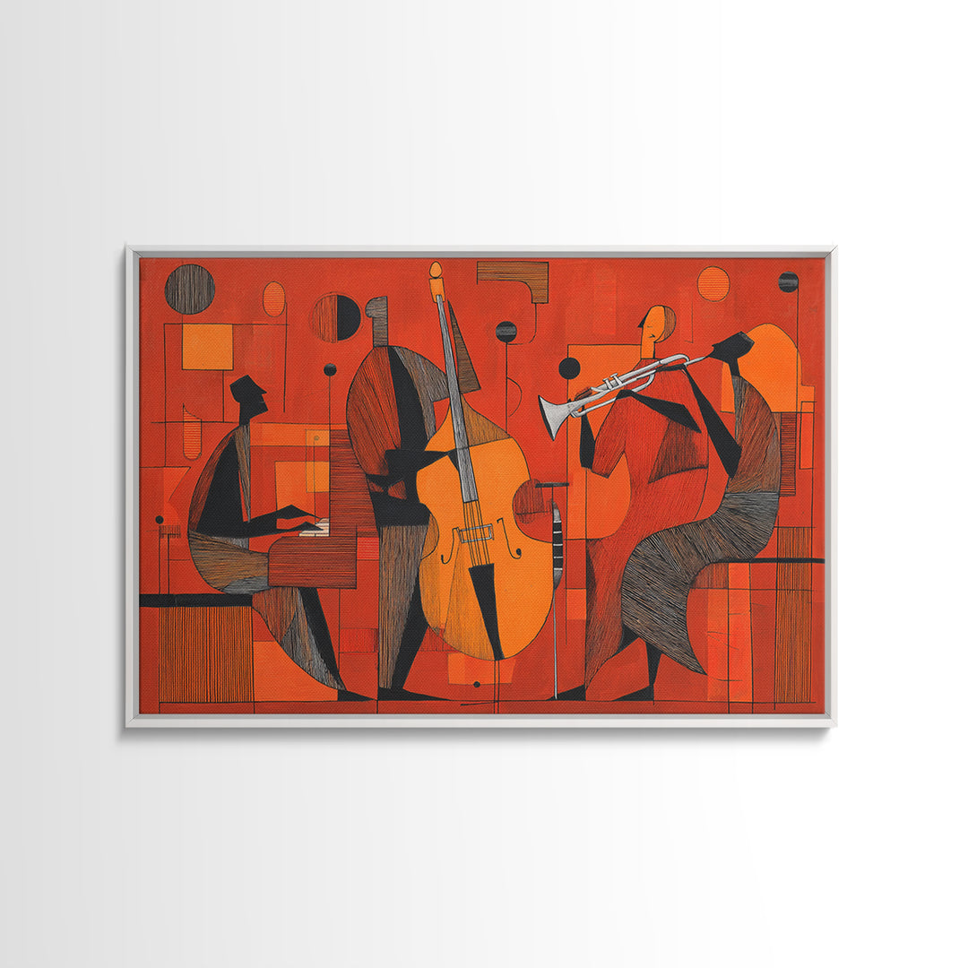 Orange Cubist Jazz Trio With Piano Bass And Trumpet Wall Art, Midcentury Modern Art Print, Atomic Music Room Retro Decor