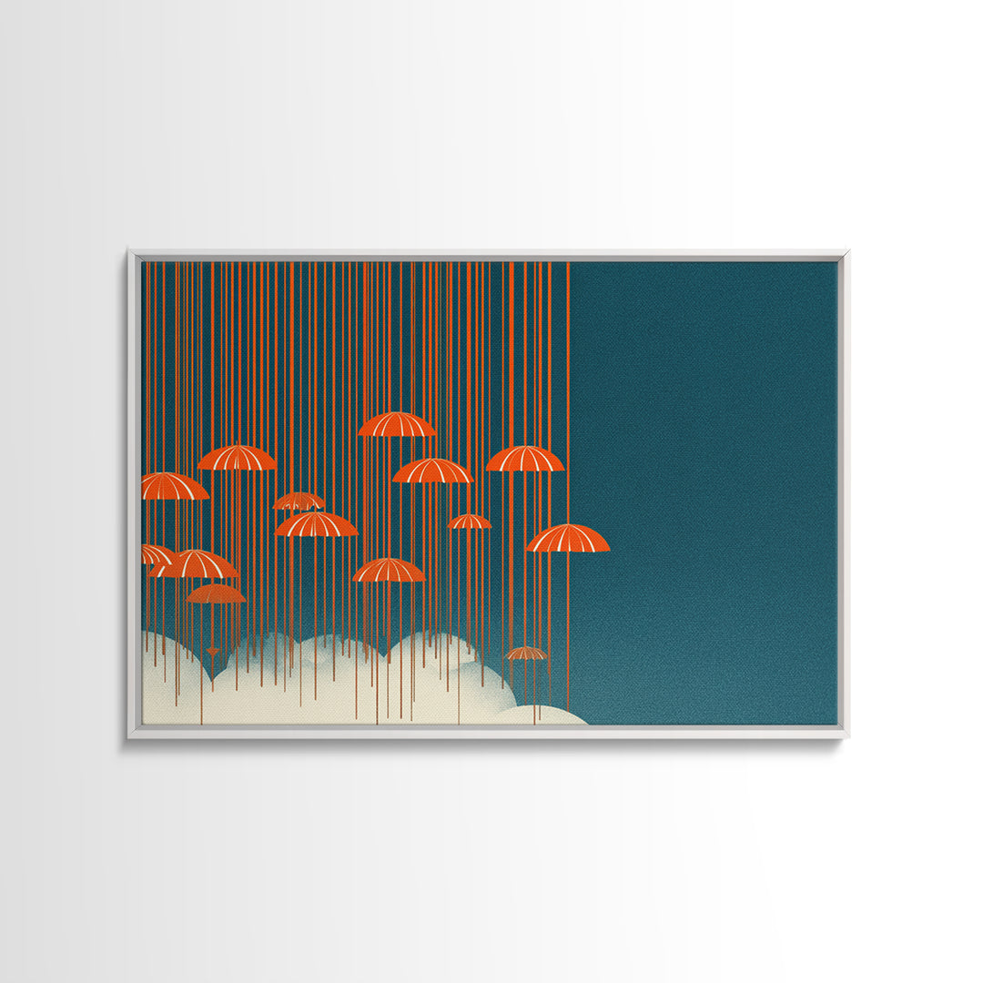 Orange Umbrella Rainfall Canvas Print, Teal Sky Cloudscape Wall Decor, Midcentury Modern Art, Retro Graphic Poster For Living Room