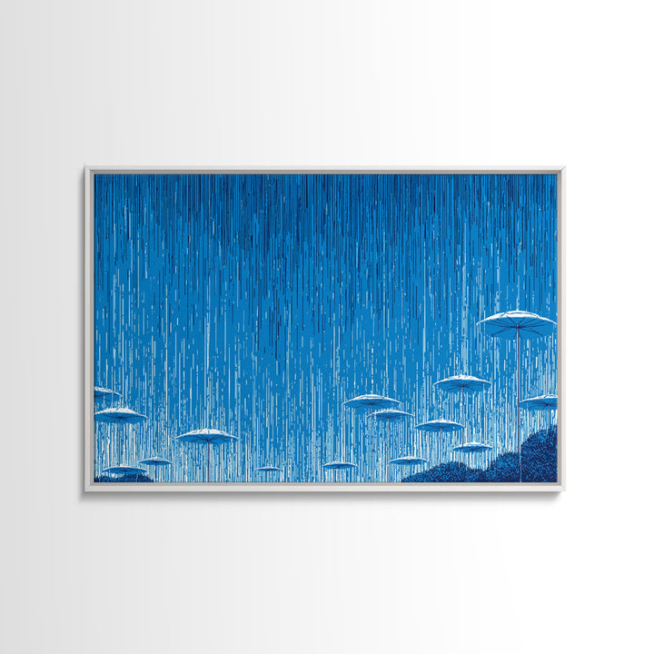 Blue Monsoon Umbrella Rain Wall Art, White Parasol Storm Scene, Modern Abstract Art Print, Coastal Bedroom Wall Decor Poster