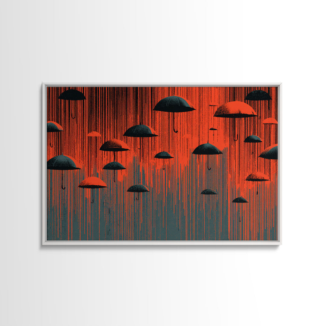 Red And Black Umbrella Storm Framed Canvas Print, Dramatic Rain Wall Art, Modern Abstract Poster, Bold MCM Wall Decor Print
