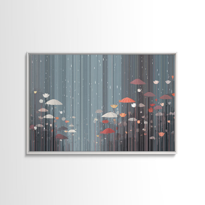 Soft Gray Floral Umbrella Rain Wall Art, Moody Botanical Storm Scene, Modern Home Decor, Bedroom Framed Canvas Print Poster