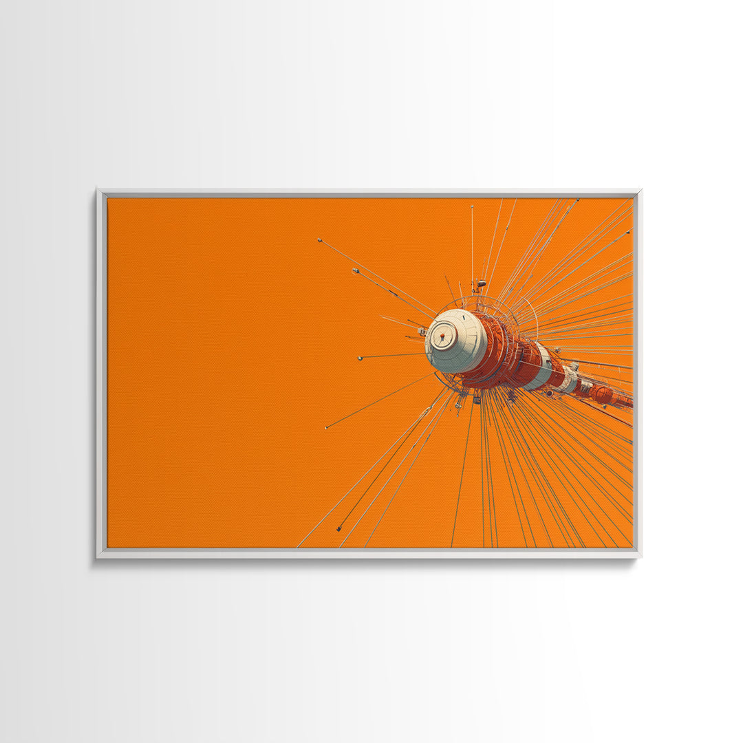 Orange Retro Space Satellite Canvas Print, Sputnik Inspired Antenna Wall Art, Modern Sci Fi Poster, Midcentury Decor Gift
