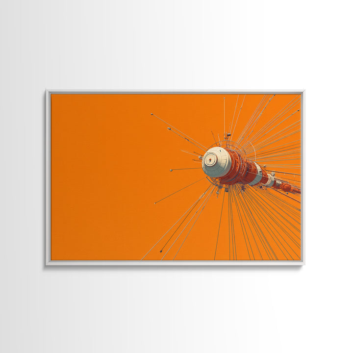 Orange Retro Space Satellite Canvas Print, Sputnik Inspired Antenna Wall Art, Modern Sci Fi Poster, Midcentury Decor Gift