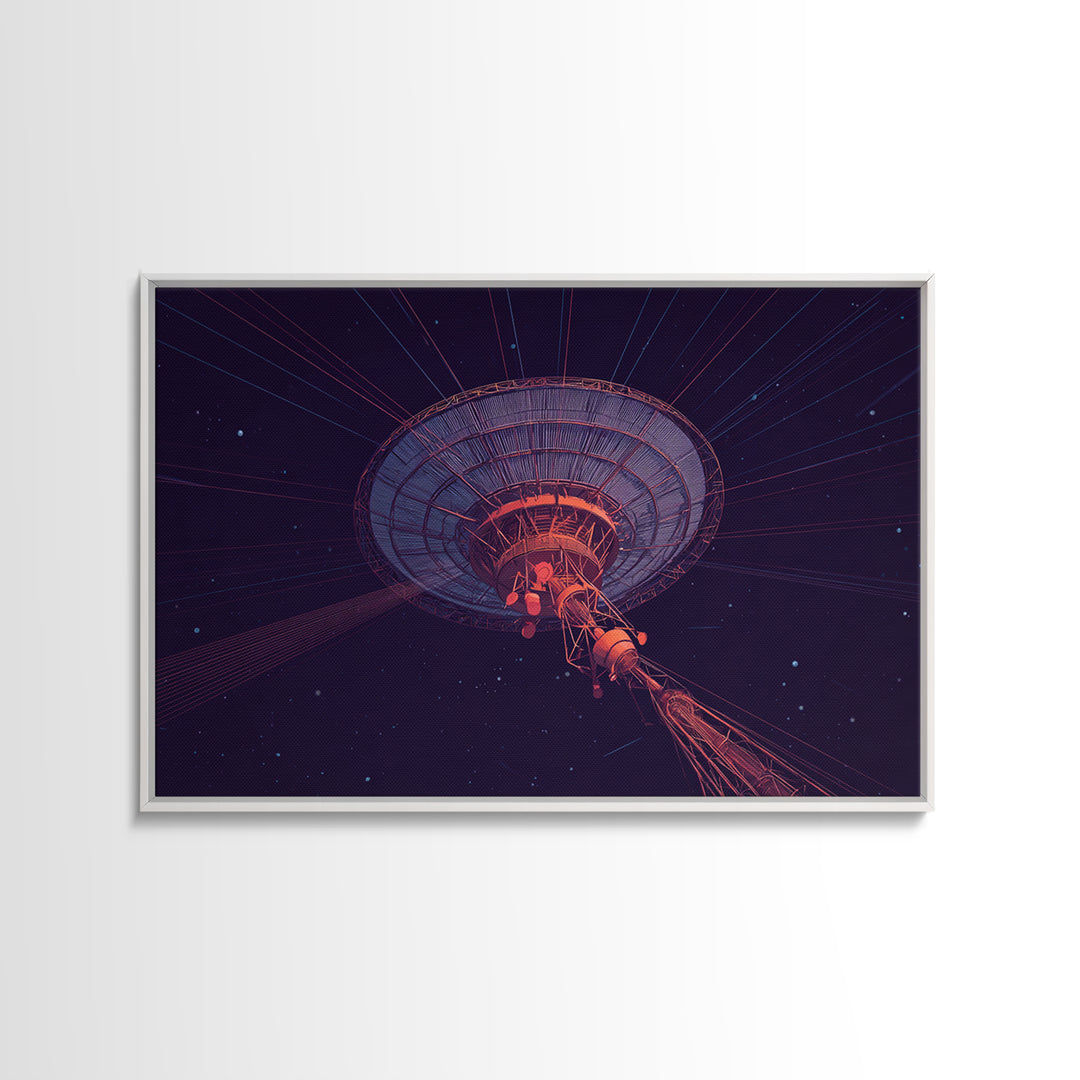 Deep Space Radio Telescope Wall Art, Purple Starry Observatory Dish, Retro Sci Fi Poster, Modern Abstract Canvas Print Decor