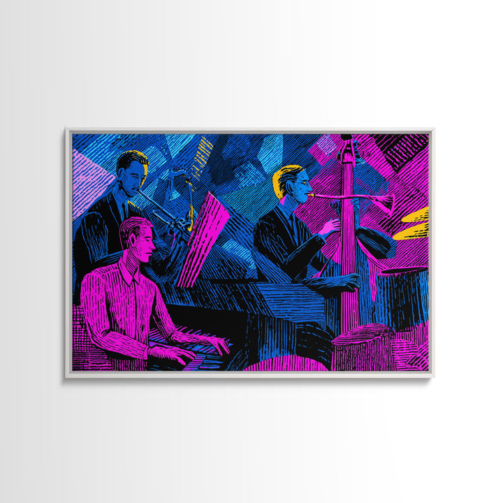 Electric Blue Magenta Jazz Club Trio Wall Art, Midcentury Modern Art Print, Neon Retro Piano Bass Music Room Decor, Poster