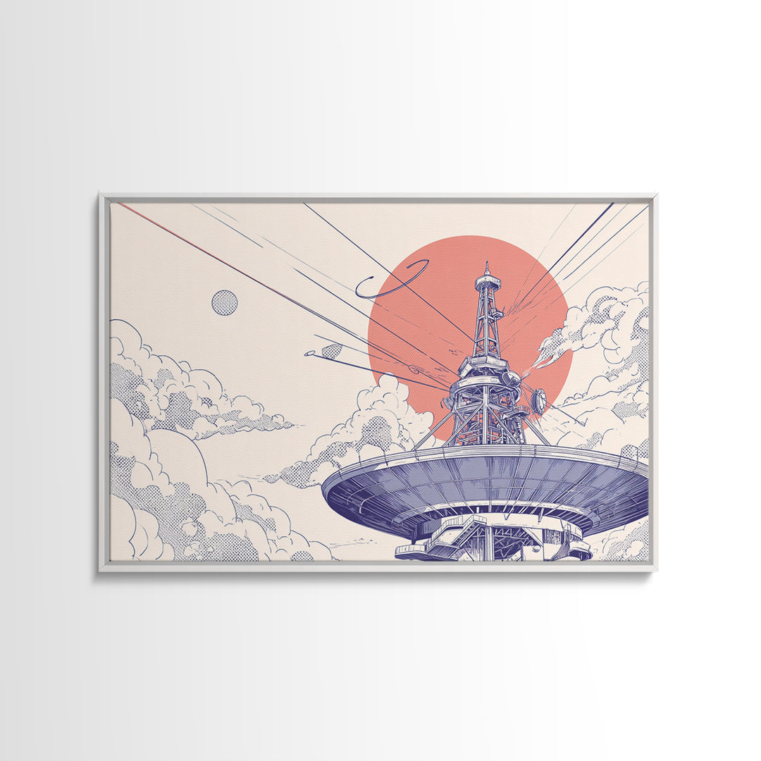 Retro Satellite Dish Under Coral Sun Wall Art, Mid Century Modern Space Poster, Sci Fi Architectural Print, Office Wall Decor