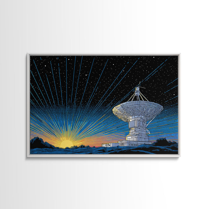 Starry Radio Telescope Sunrise Canvas Print, Mid Century Modern Wall Art, Retro Space Poster, Astronomy Home Office Decor