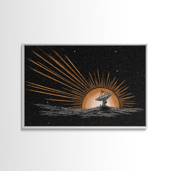 Tiny Satellite Dish On Orange Planet Wall Art, Retro Sci Fi Space Poster, Mid Century Modern Abstract Art Print, Man Cave Decor