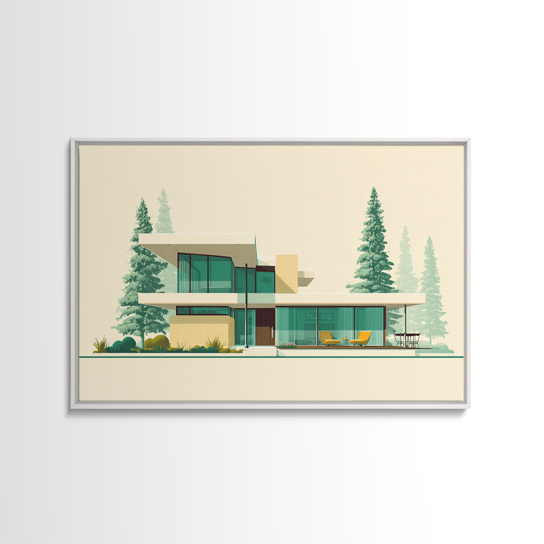 Minimal Glass House With Pines Framed Canvas Print, Mid Century Modern Architecture Wall Art, Scandinavian Modern Home Decor