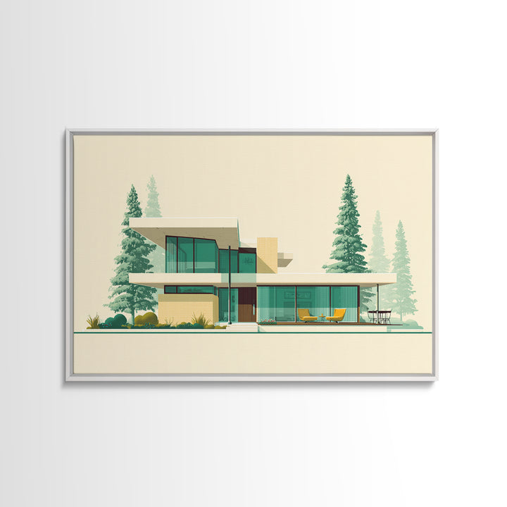 Minimal Glass House With Pines Framed Canvas Print, Mid Century Modern Architecture Wall Art, Scandinavian Modern Home Decor