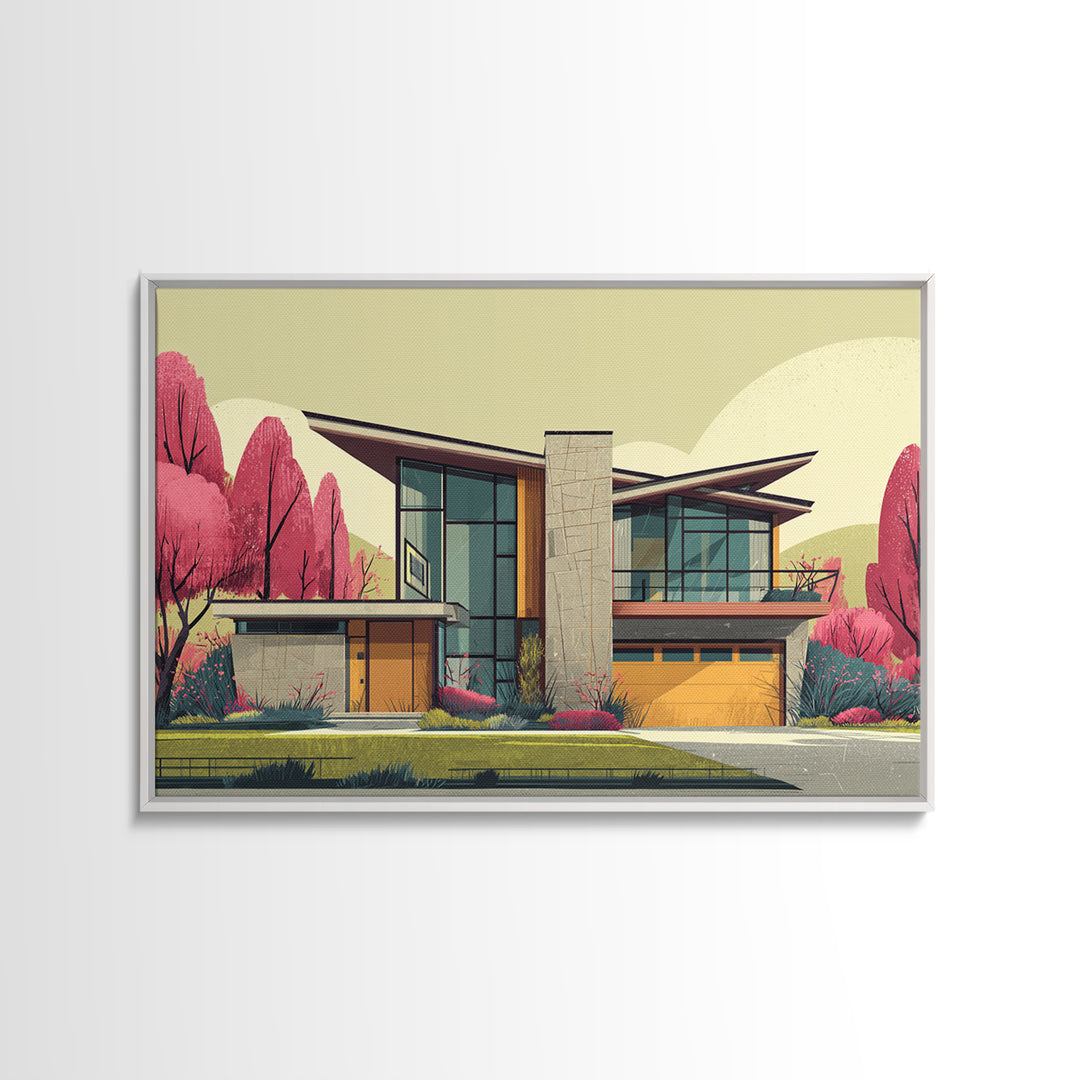Angular Modern Home With Pink Trees Wall Art, Mid Century Modern Architecture Print, Colorful Retro Home Decor, MCM Poster