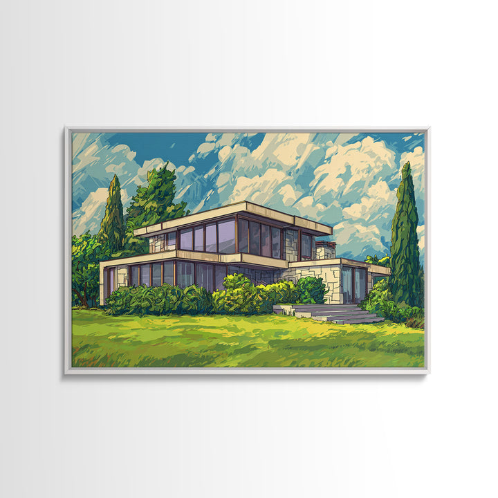 Sunlit Glass Villa And Cypress Garden Canvas Print, Mid Century Modern Wall Art, Architectural Landscape Poster, Living Room Decor
