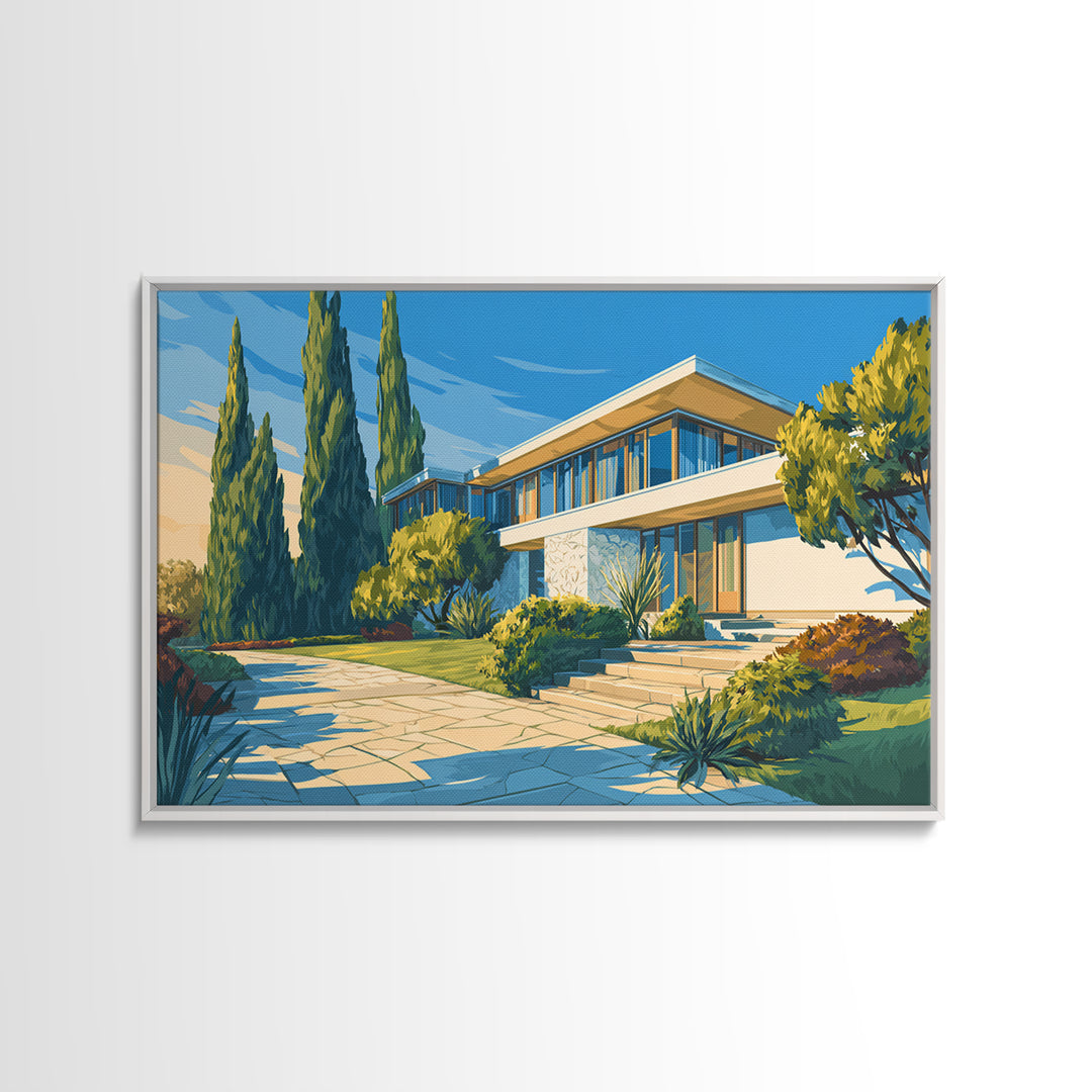 Blue Sky Modernist Villa With Cypress Framed Canvas Print, Mid Century Modern Wall Art, Palm Springs Style Home Decor Poster