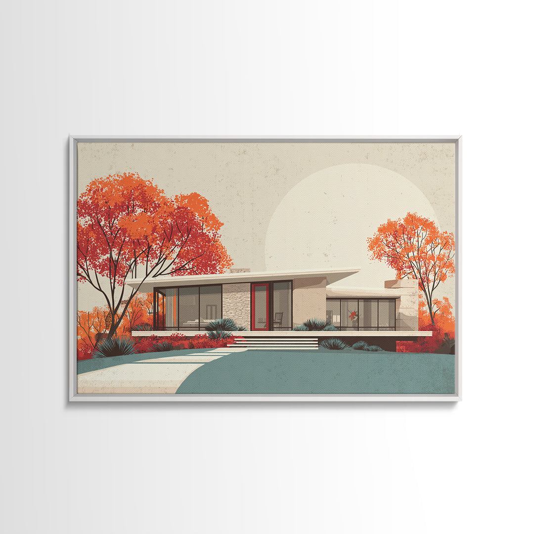 Autumn Mid Century House With Orange Trees Wall Art, Retro Modern Architecture Print, MCM Home Decor, Large Canvas Poster