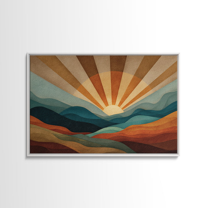 Layered Mountain Sunrise In Teal And Rust Canvas Print, Mid Century Modern Abstract Wall Art, Retro Boho Living Room Decor