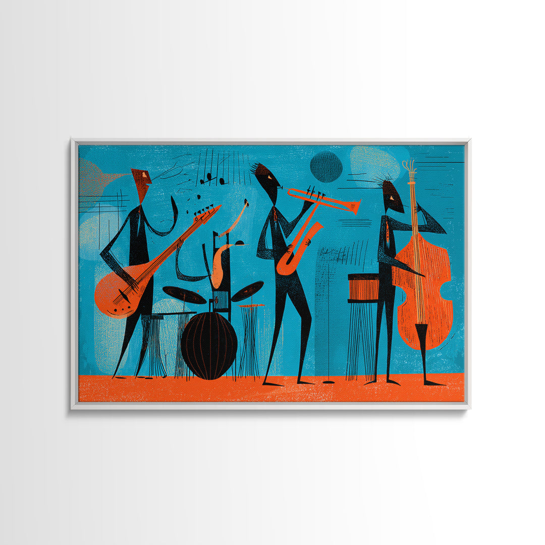 Teal Orange Midcentury Jazz Band With Drums And Bass Canvas Print, Atomic Modern Wall Art, Retro Music Room Decor, Poster
