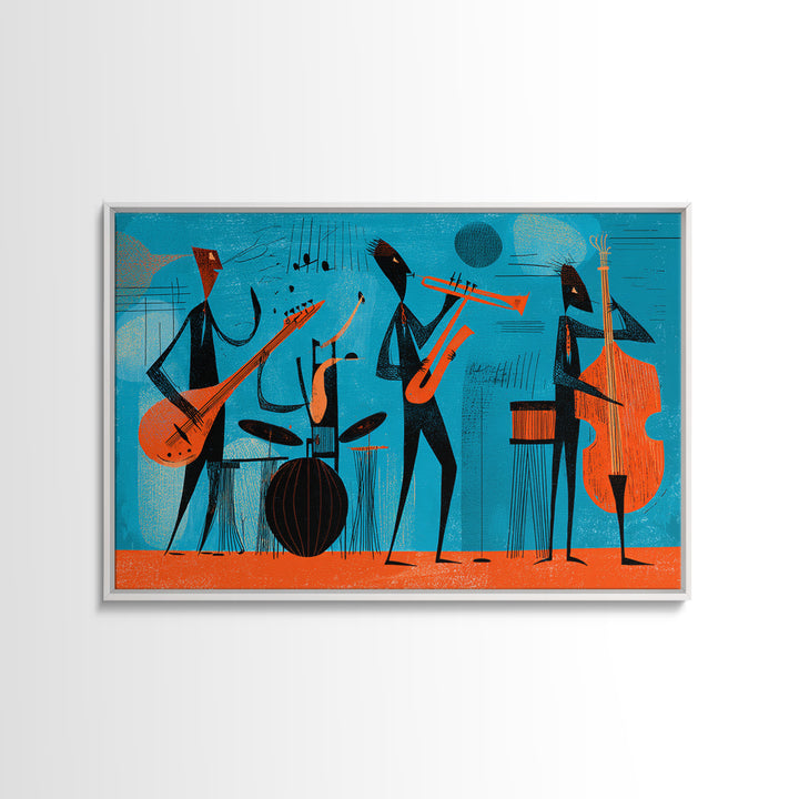 Teal Orange Midcentury Jazz Band With Drums And Bass Canvas Print, Atomic Modern Wall Art, Retro Music Room Decor, Poster