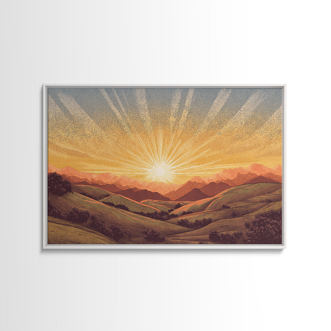 Golden Sunrise Over Rolling Hills Wall Art, Scenic Landscape Poster, Mid Century Modern Nature Art, Warm Bedroom Decor Print