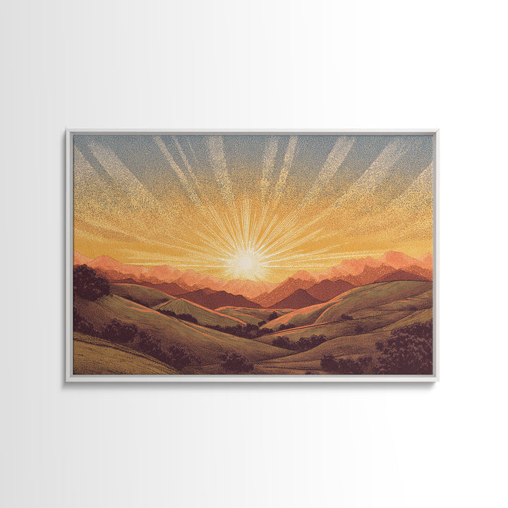 Golden Sunrise Over Rolling Hills Wall Art, Scenic Landscape Poster, Mid Century Modern Nature Art, Warm Bedroom Decor Print