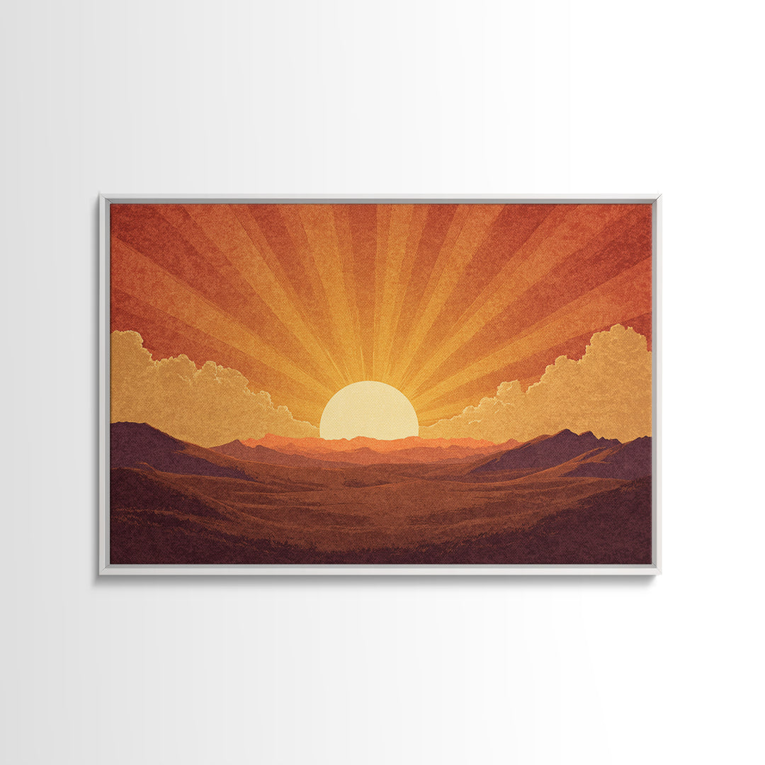 Orange Desert Sunrise Wall Art, Retro Sunburst Landscape Print, Mid Century Modern Decor, Warm Southwestern Living Room Art