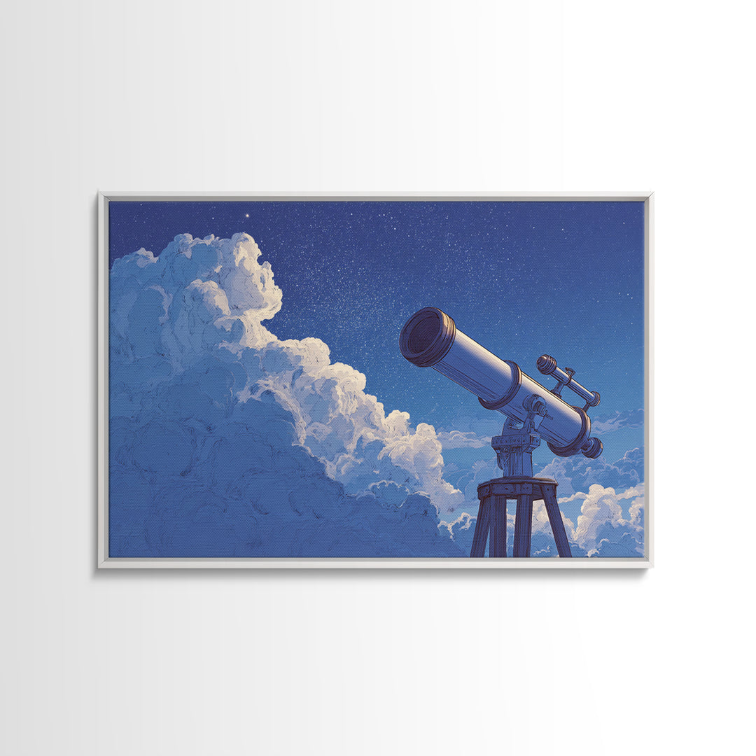 Blue Cloud Telescope Framed Canvas Print, Dreamy Night Sky Illustration, Astronomy Wall Decor For Modern Bedroom And Office Art