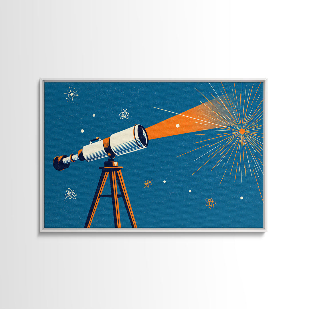 Mid Century Telescope Beam Wall Art, Atomic Space Illustration, Blue Orange Retro Poster For Modern Science Room Home Decor