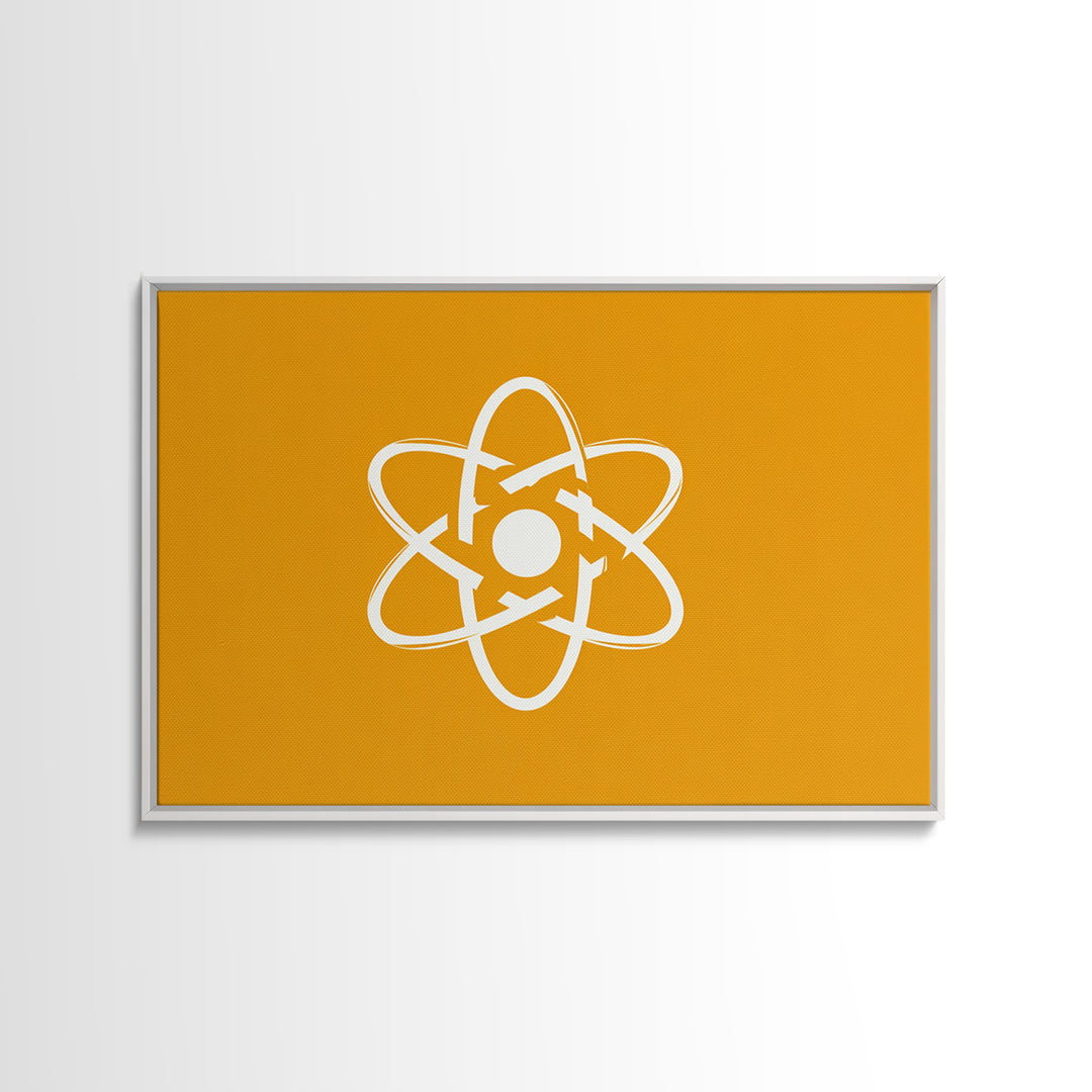 White Atom Symbol Canvas Print, Minimal Orange Science Poster, Mid Century Modern Wall Art For Office And Classroom Decor