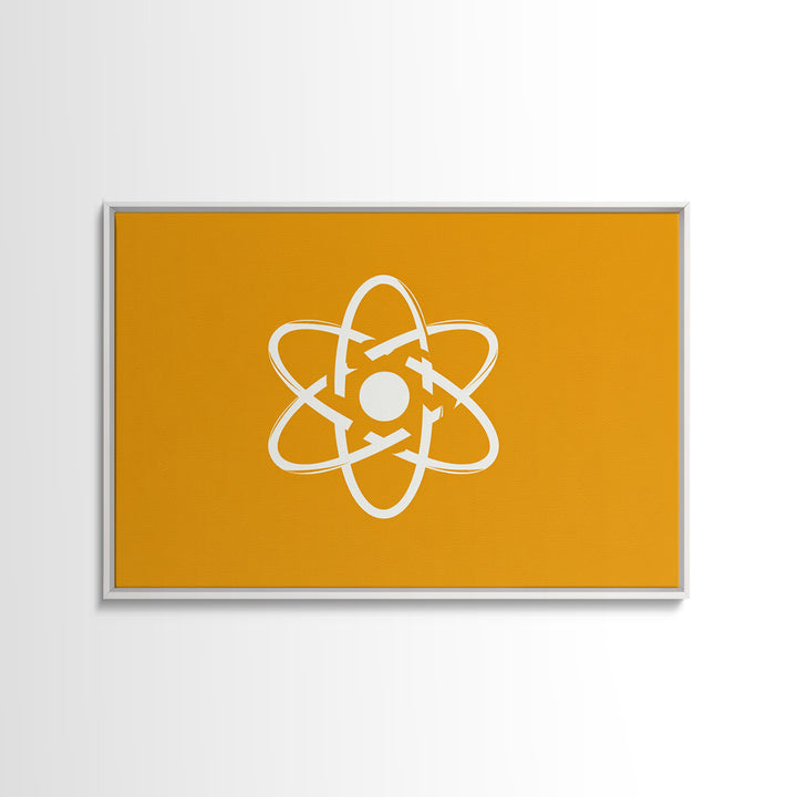 White Atom Symbol Canvas Print, Minimal Orange Science Poster, Mid Century Modern Wall Art For Office And Classroom Decor