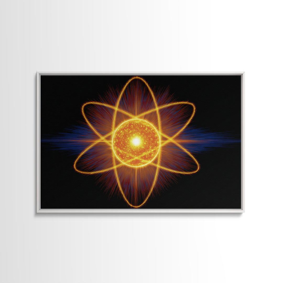 Glowing Atom Energy Wall Art, Black Space Science Print, Atomic Mid Century Modern Poster For Office And Man Cave Home Decor