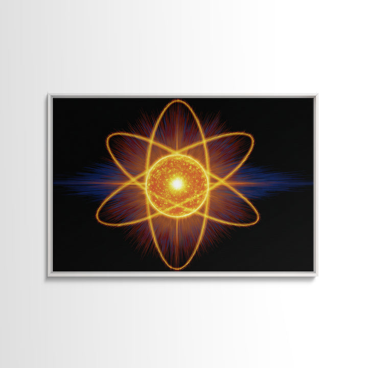 Glowing Atom Energy Wall Art, Black Space Science Print, Atomic Mid Century Modern Poster For Office And Man Cave Home Decor