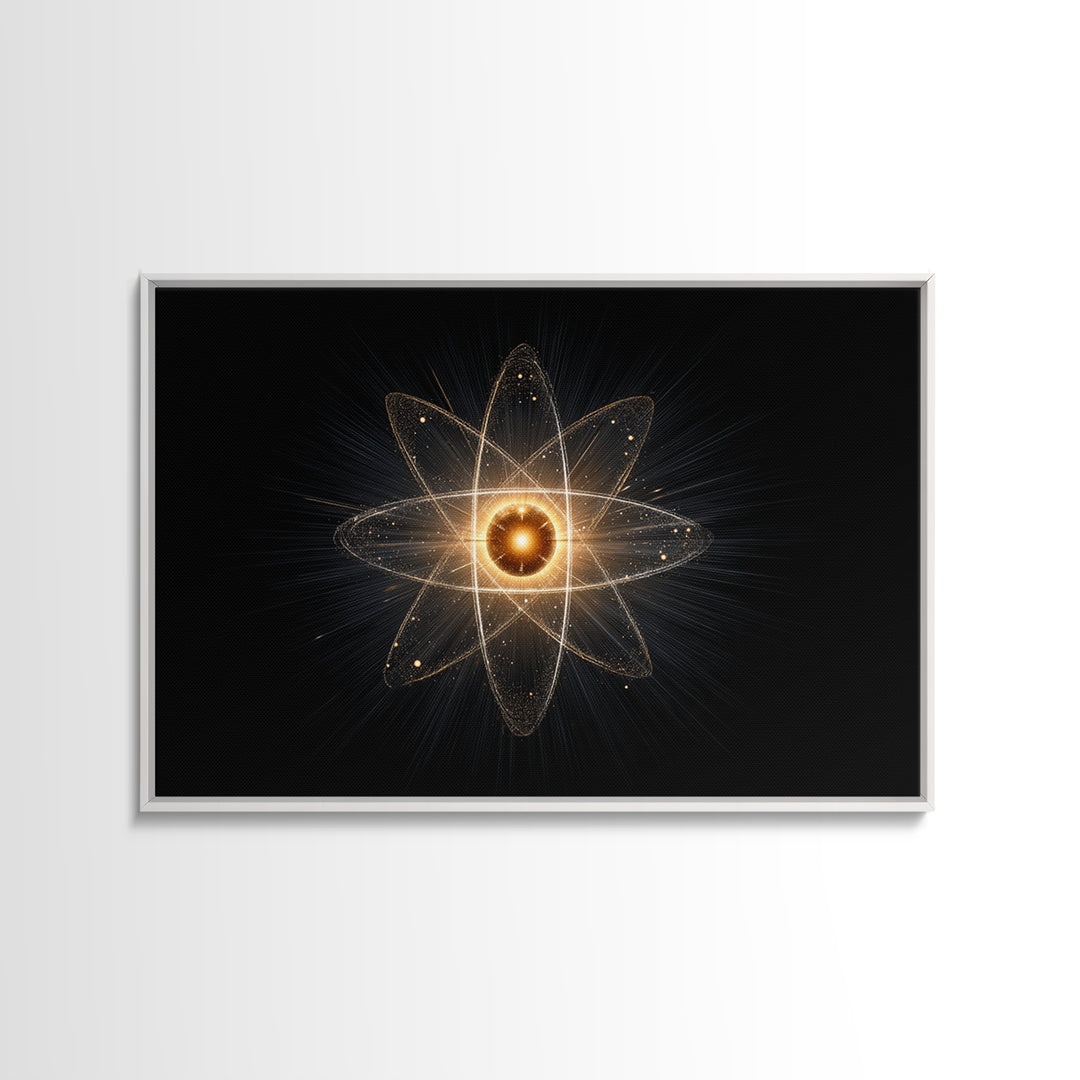 Glowing Atomic Starburst Orbit Wall Art, Midcentury Modern Science Poster, Black Gold Abstract Art Print, Retro Space Decor