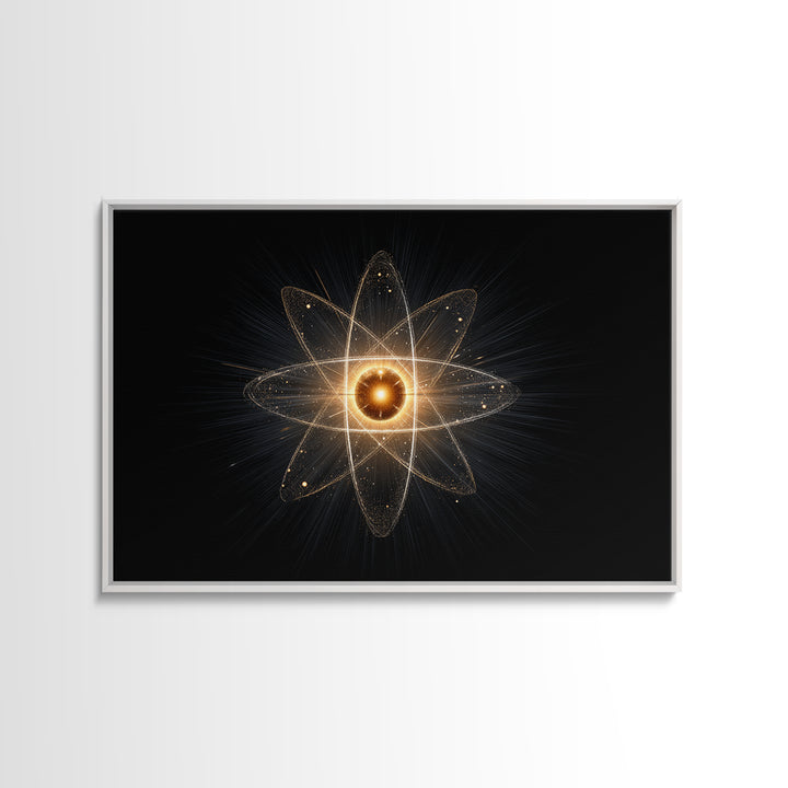 Glowing Atomic Starburst Orbit Wall Art, Midcentury Modern Science Poster, Black Gold Abstract Art Print, Retro Space Decor