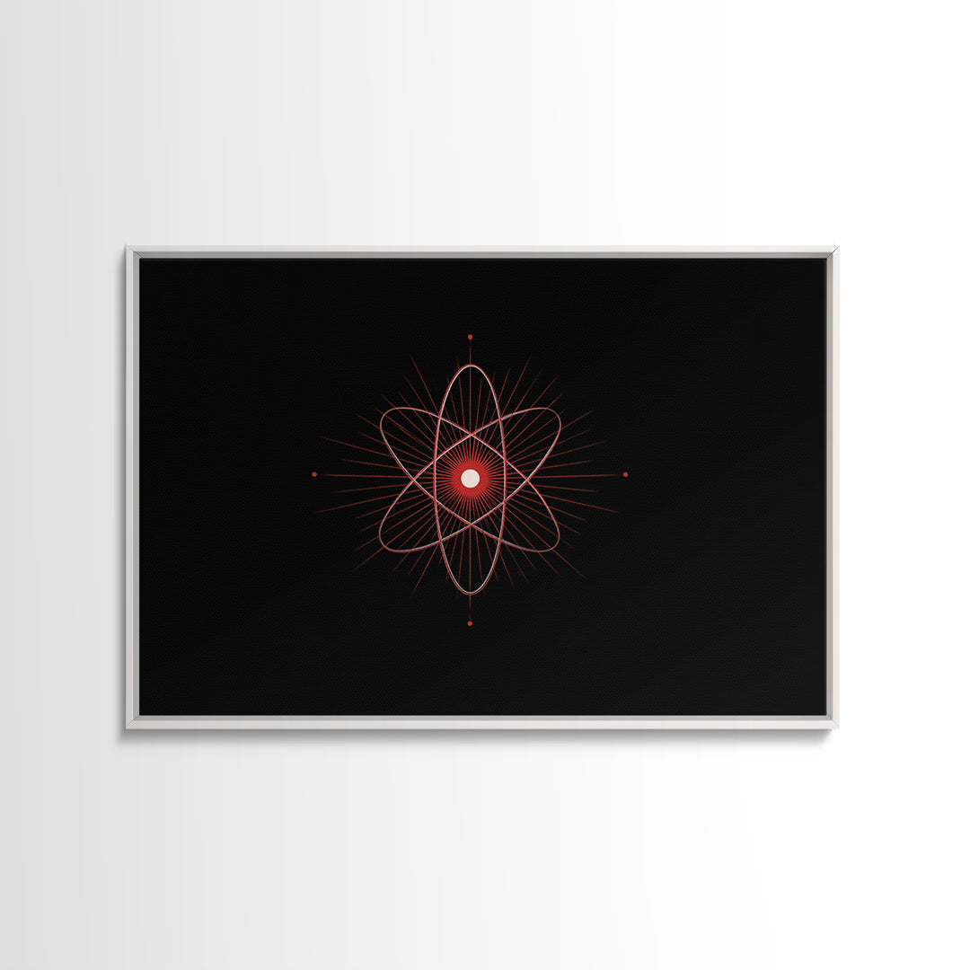 Red Atomic Orbit Canvas Print, Minimal Midcentury Science Poster, Black Space Wall Decor, Geometric Modern Abstract Art Print