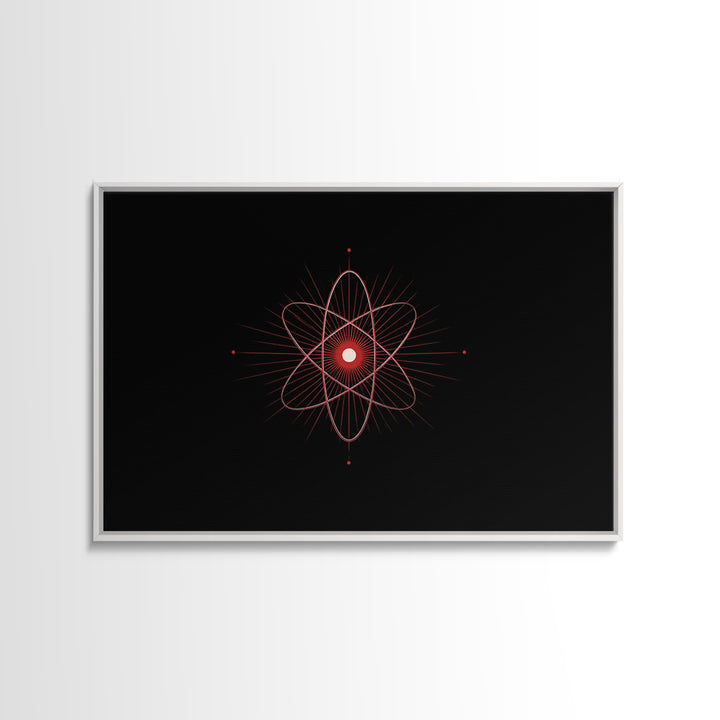 Red Atomic Orbit Canvas Print, Minimal Midcentury Science Poster, Black Space Wall Decor, Geometric Modern Abstract Art Print