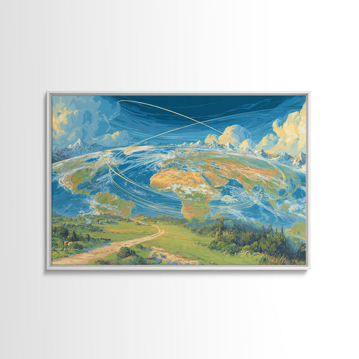 Painterly Earth Orbit Wall Art, Scenic World Landscape Poster, Blue Sky Modern Art Print, Travel Inspired Home Office Decor