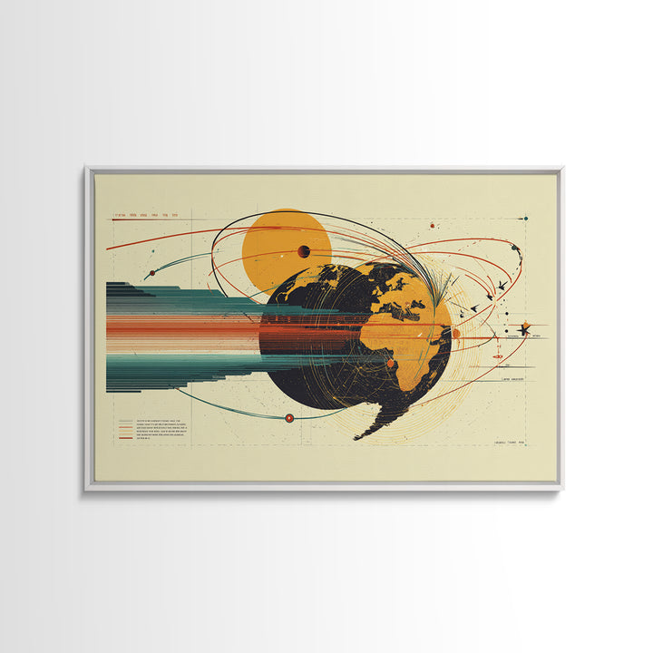 Retro Globe Orbit Wall Art, Midcentury Modern Map Poster, Orange Sun Abstract Geometric Print, Stylish MCM Home Office Decor
