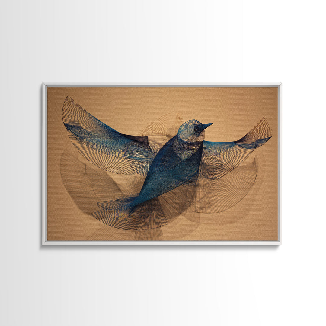 Blue Wire Bird Wall Art, Kinetic Sculpture Inspired Print, Midcentury Modern Abstract Animal Art, Minimalist Tan Home Decor