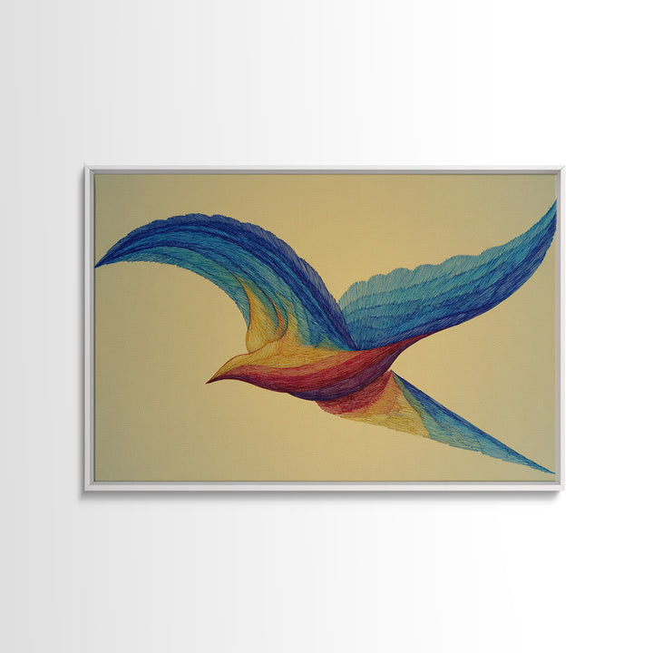 Rainbow Wire Bird Canvas Print, Flowing Kinetic Sculpture Art, Midcentury Modern Abstract Wall Art, Bright Colorful Home Decor