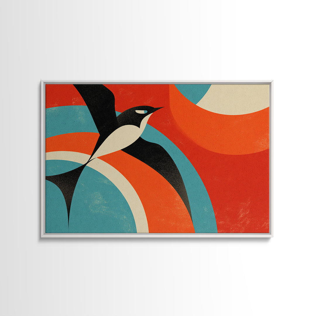 Modern Penguin Bird With Red Sun Canvas Print, Mid Century Modern Wall Decor, Retro Geometric Poster, Colorful Nursery Art
