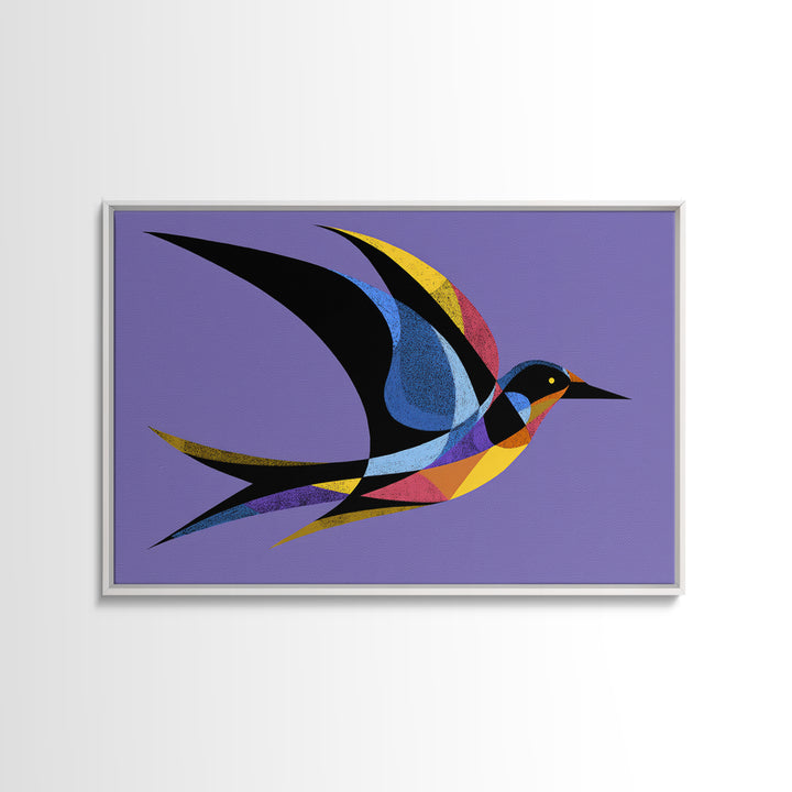 Colorful Swallow Bird On Purple Framed Canvas Print, Mid Century Modern Wall Art, Retro Atomic Decor, Geometric Art Print