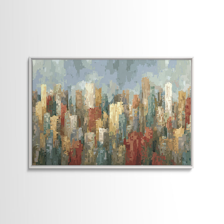 Rainy Impressionist City Skyline Framed Canvas Print, Modern Wall Art, Urban Landscape Decor, Office Poster, Soft Abstract Art