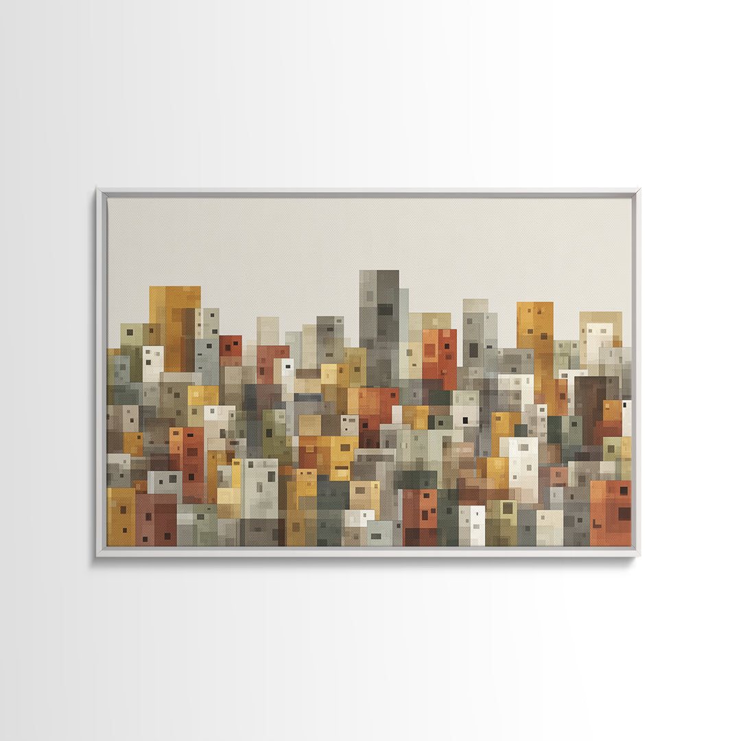 Whimsical Cubist City Blocks Canvas Print, Mid Century Modern Wall Art, Geometric Buildings Decor, Kids Room Cityscape Poster
