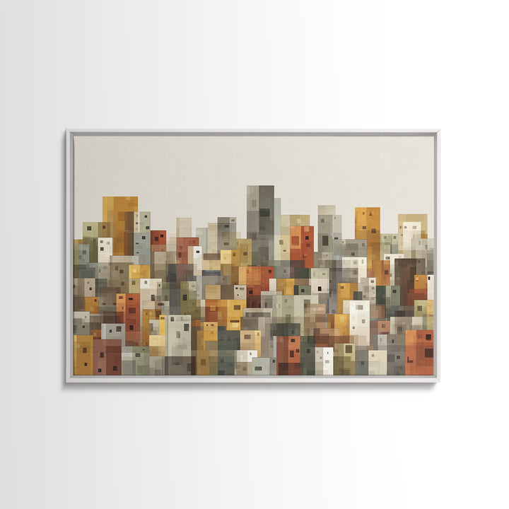 Whimsical Cubist City Blocks Canvas Print, Mid Century Modern Wall Art, Geometric Buildings Decor, Kids Room Cityscape Poster