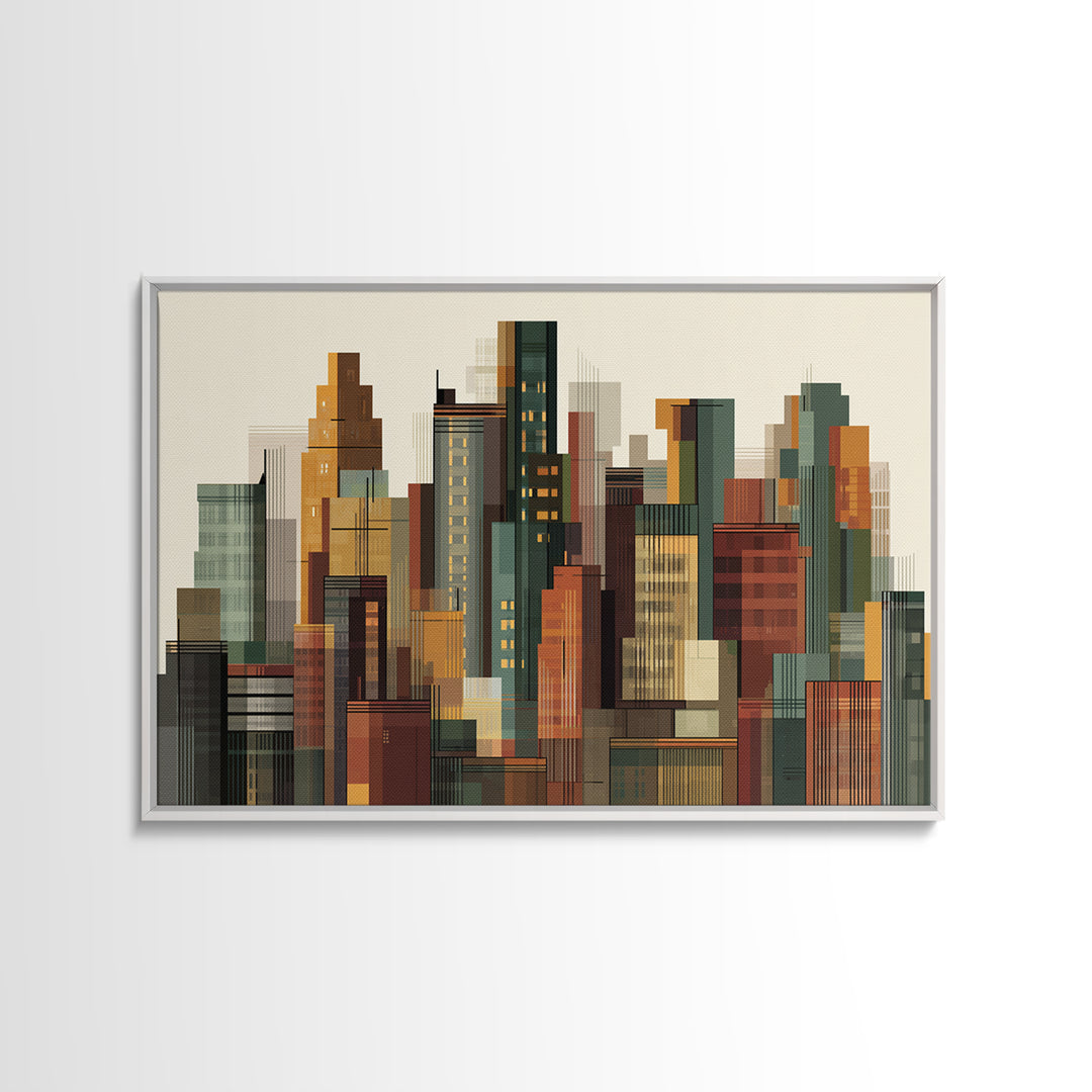 Architectural City Skyline Wall Art, Mid Century Modern Urban Decor, Geometric Building Print, MCM Office Poster, Warm Neutral