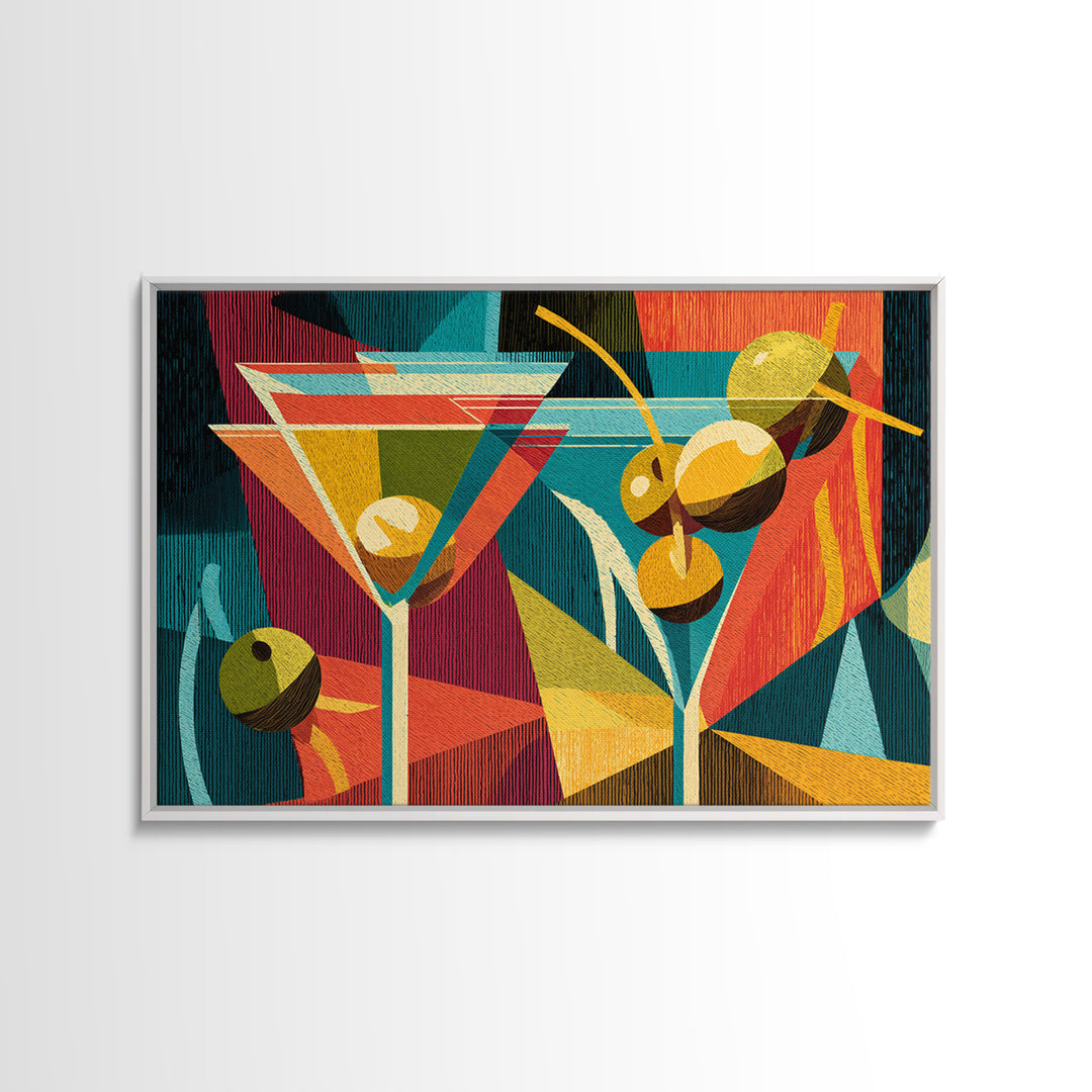 Retro Martini With Olives Canvas Print, Mid Century Modern Bar Cart Wall Art, Cocktail Decor, Colorful Geometric Kitchen Poster