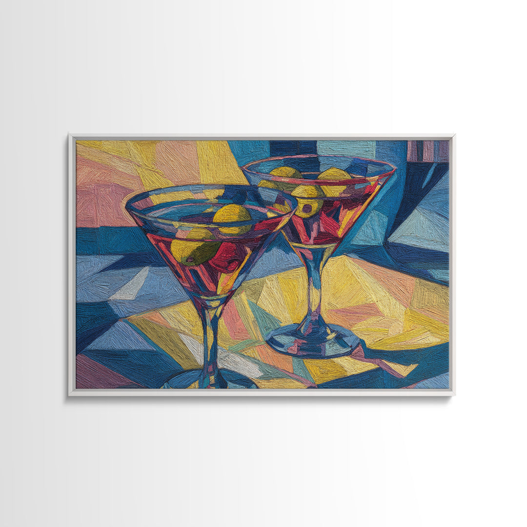 Cubist Martini Glasses With Olives Framed Canvas Print, Retro Cocktail Wall Art, Mid Century Modern Bar Cart Kitchen Decor