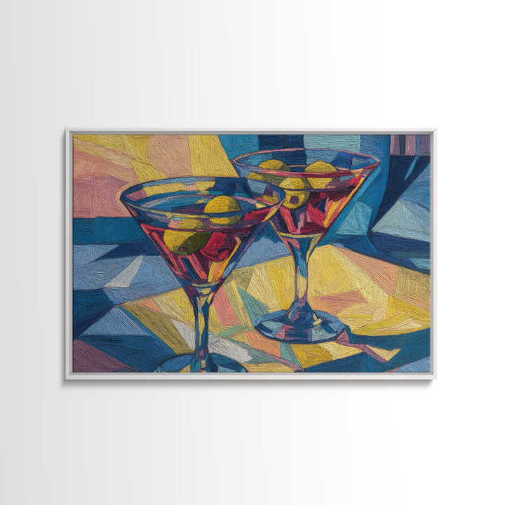 Cubist Martini Glasses With Olives Framed Canvas Print, Retro Cocktail Wall Art, Mid Century Modern Bar Cart Kitchen Decor