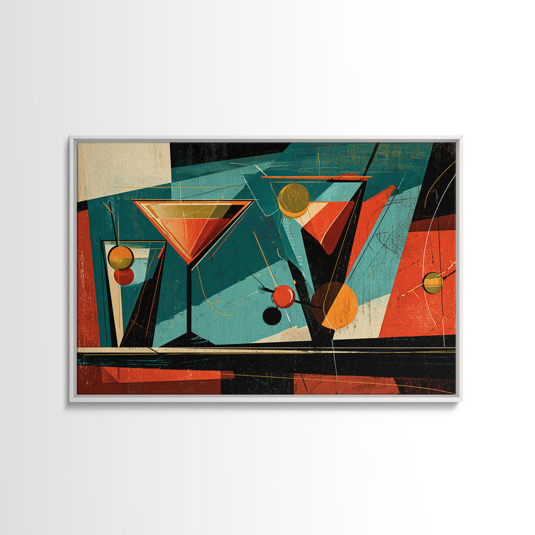 Teal Martini Glasses Abstract, Midcentury Modern Wall Art, Retro Cocktail Bar Poster, Colorful Geometric MCM Decor Print Gift