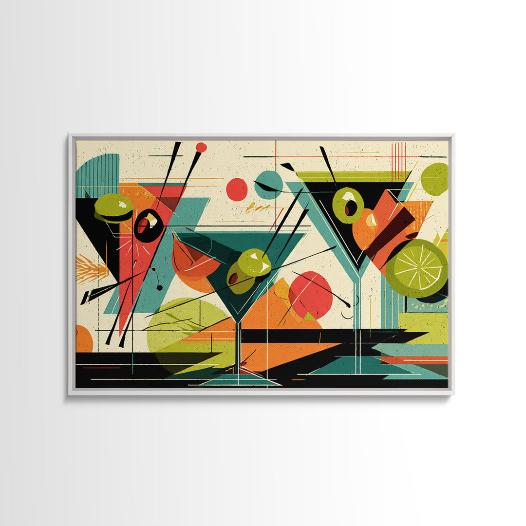 Olive Martini Glasses With Lime, Midcentury Modern Wall Art, Retro Cocktail Print, Atomic Bar Decor, Colorful MCM Poster
