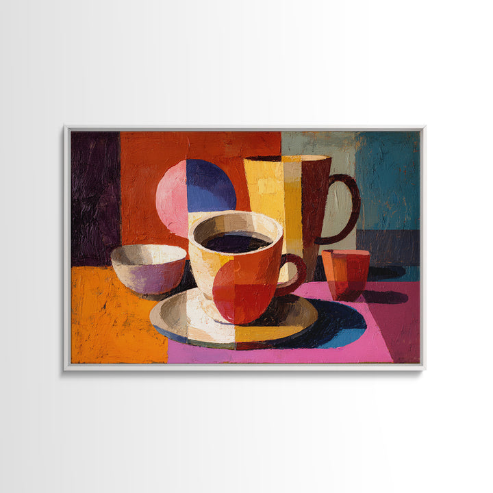 Cubist Coffee Cups Still Life, Framed Canvas Print, Midcentury Kitchen Art, Retro Coffee Poster, Colorful Home Decor Print